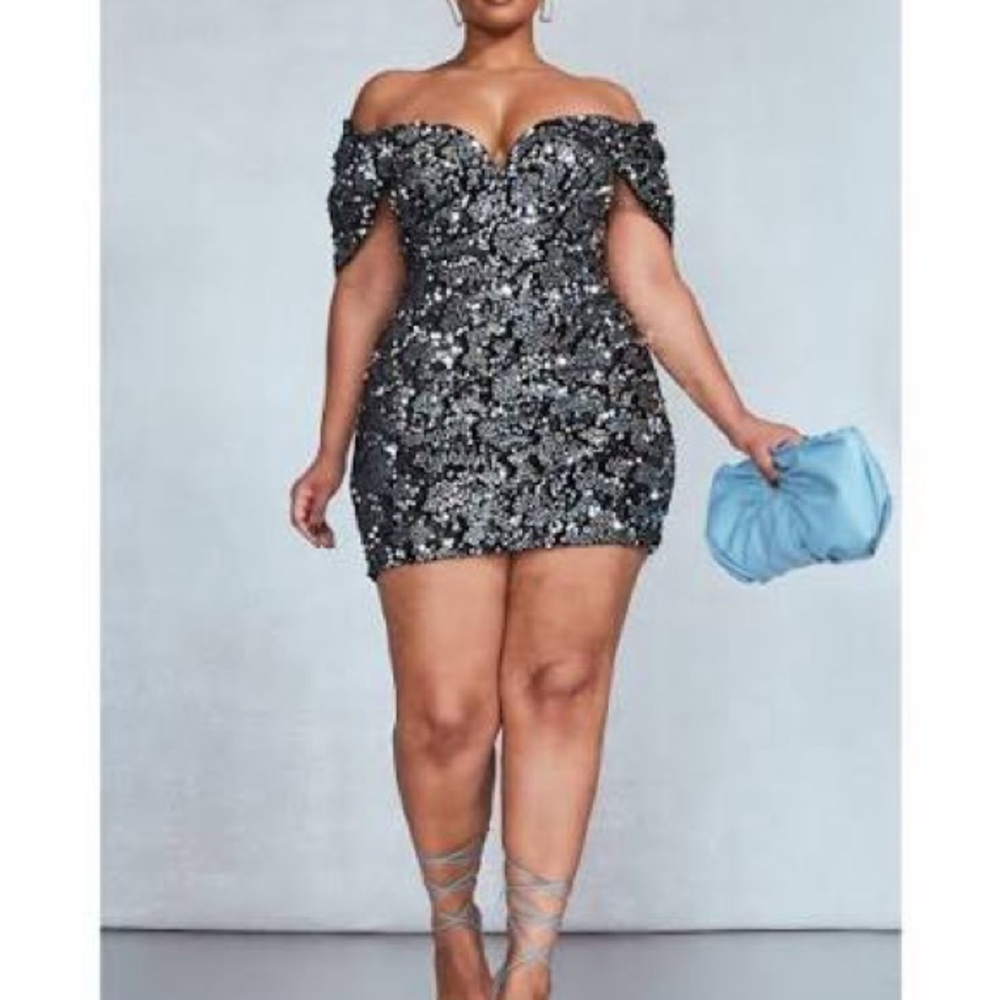PrettyLittleThing Black Sequin Off-Shoulder Mini Dress